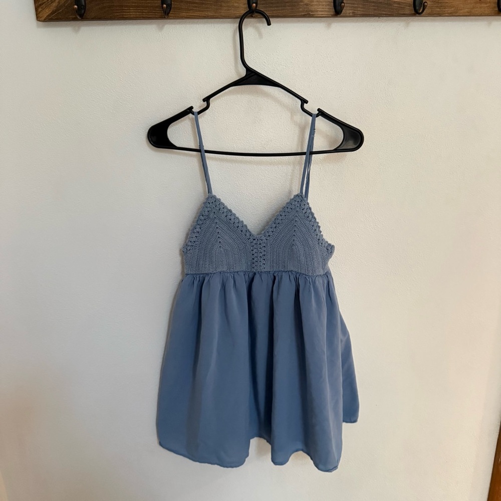 Lulu’s Blue Spaghetti Strap Crochet Mini Dress